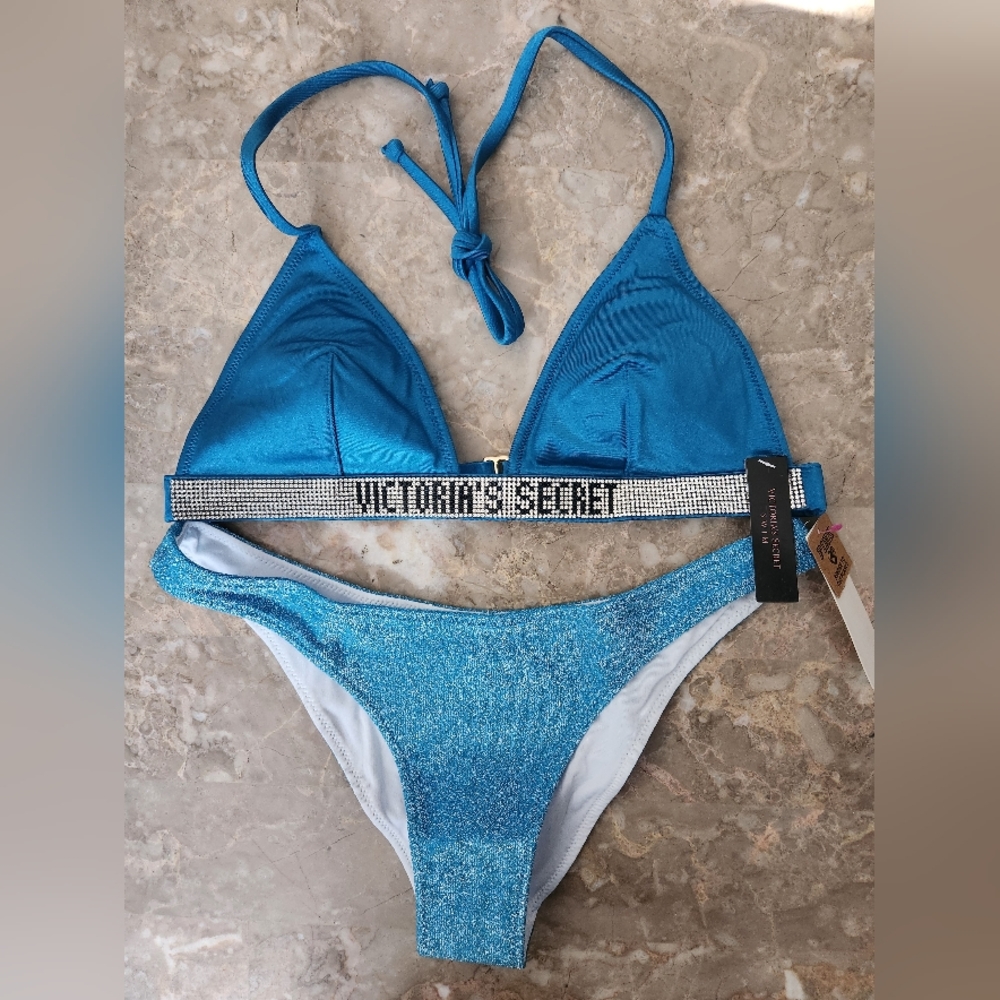 XS/XS VS PINK Swim Shine Strap Triangle Bikini Top Brazilian Bikini Set